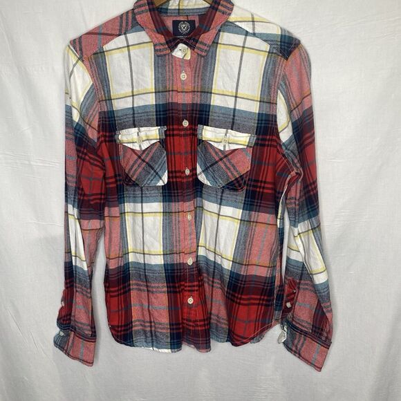 AMERICAN EAGLE Favorite Fit Flannel Shirt Plaid Long Sleeve Womens L Red Blue - Picture 1 of 11
